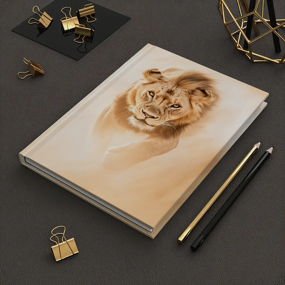 Lion Walking Forward Warm Sandy Background – Notebooks