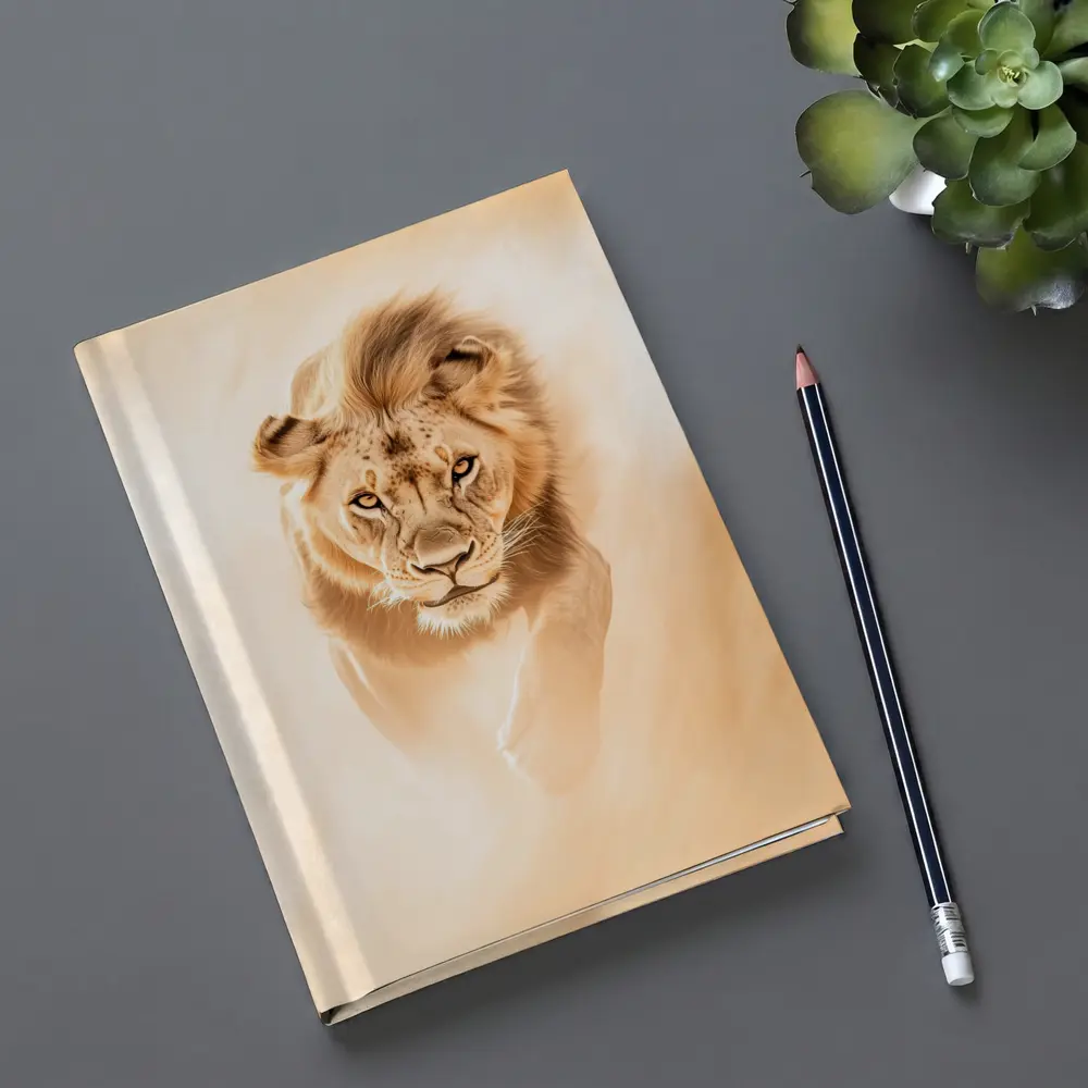 Lion Walking Forward Warm Sandy Background – Notebooks