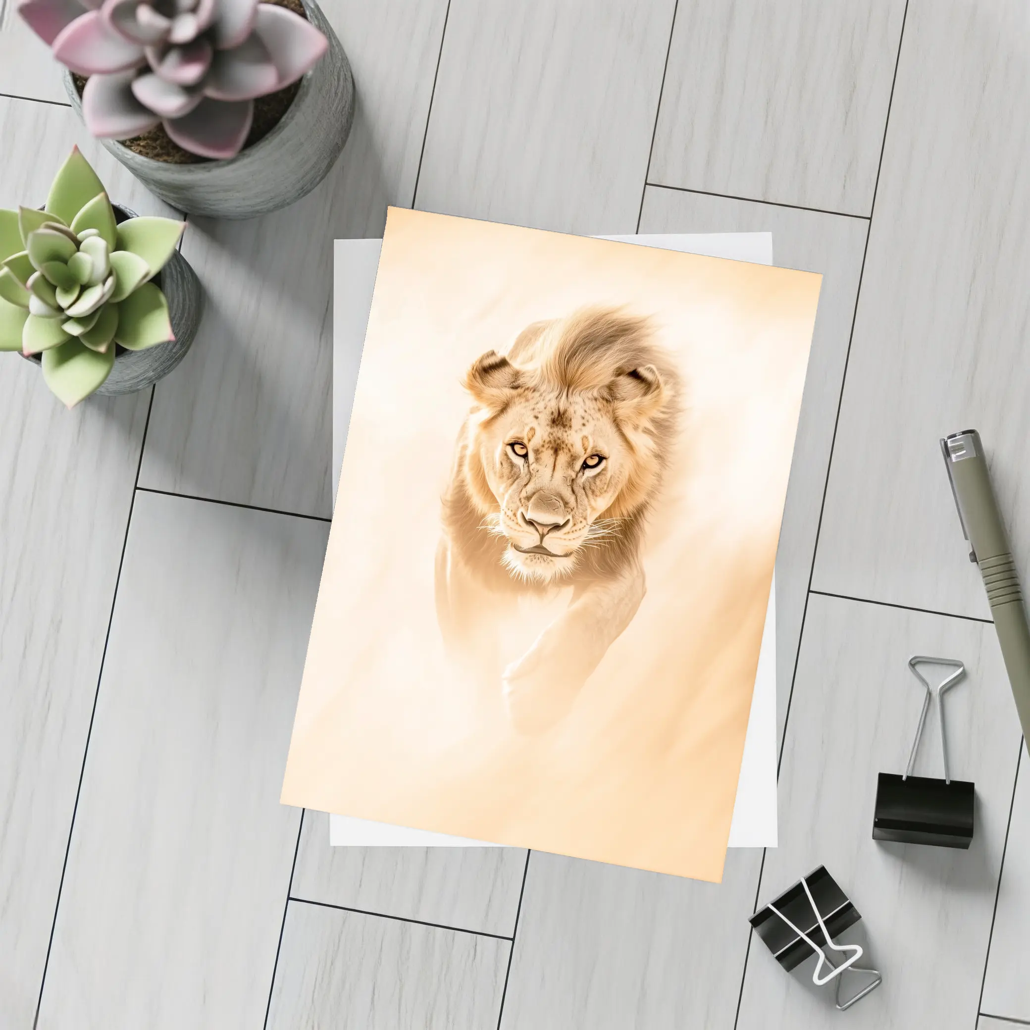 Lion Walking Forward Warm Sandy Background – Postcards
