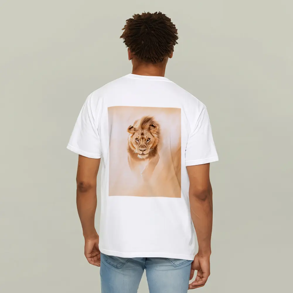 Lion Walking Forward Warm Sandy Background – T-Shirts