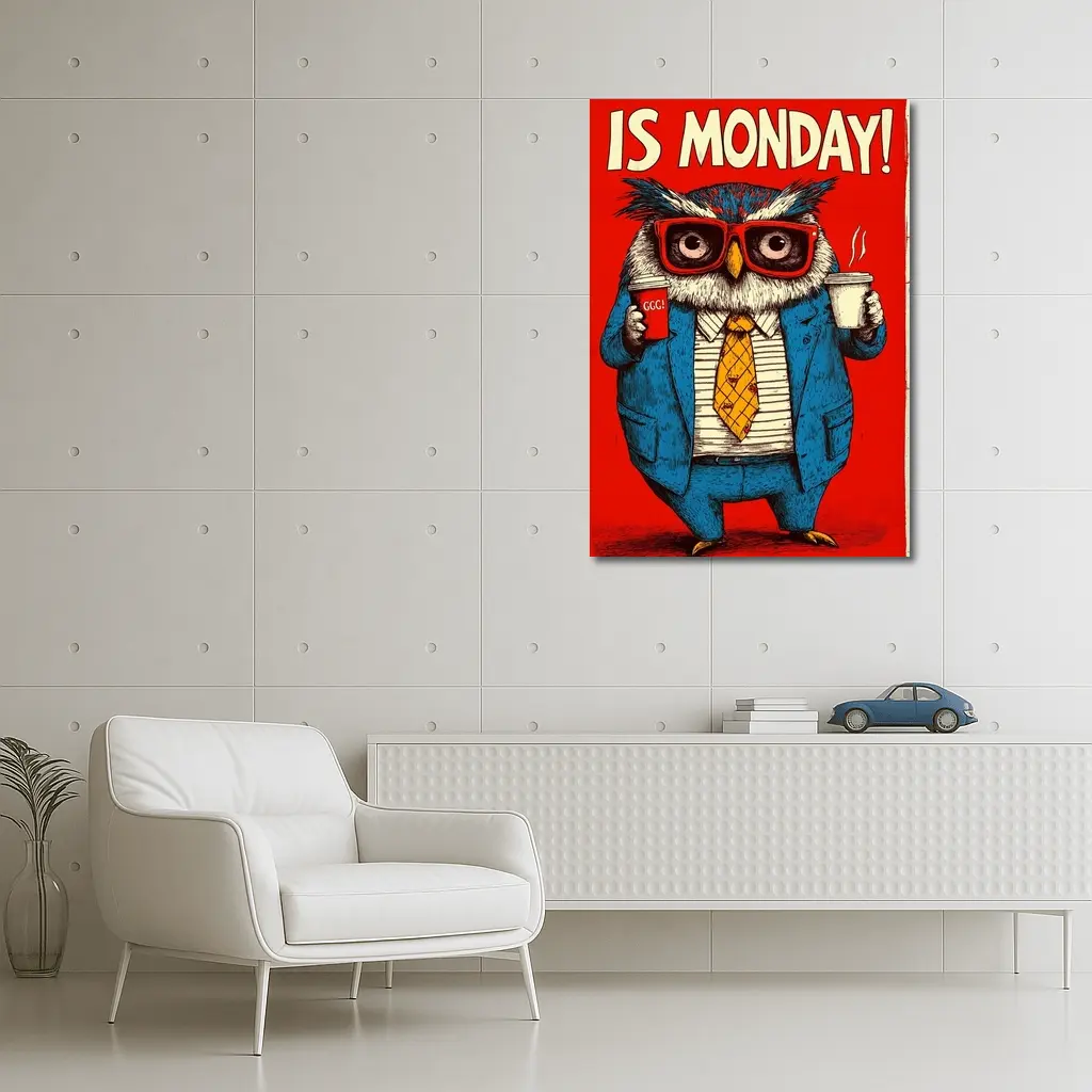 Grumpy Owl Monday Coffee Red Background – Wall Art