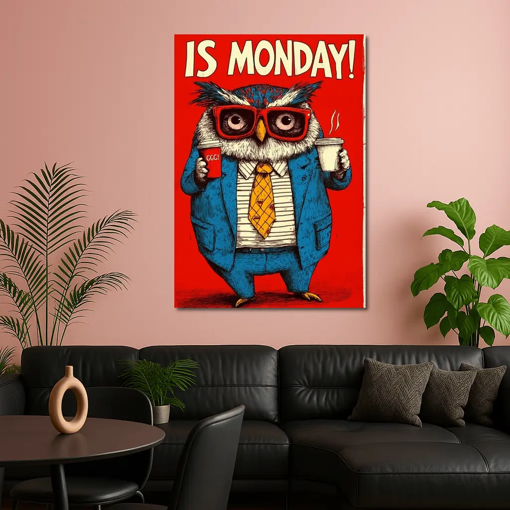 Grumpy Owl Monday Coffee Red Background – Wall Art
