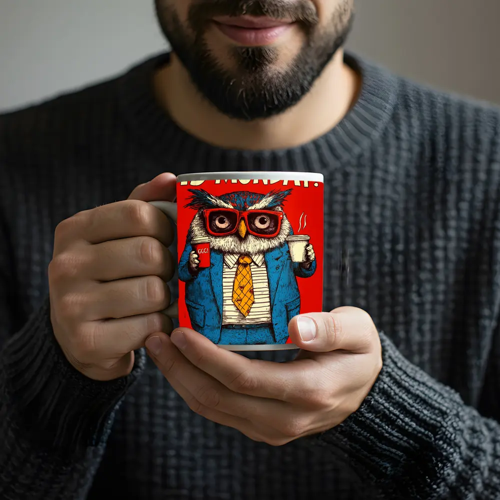 Grumpy Owl Monday Coffee Red Background – Mugs