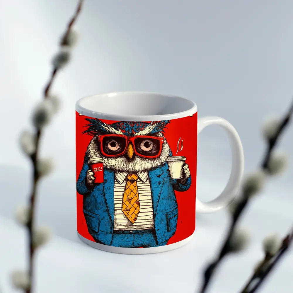 Grumpy Owl Monday Coffee Red Background – Mugs