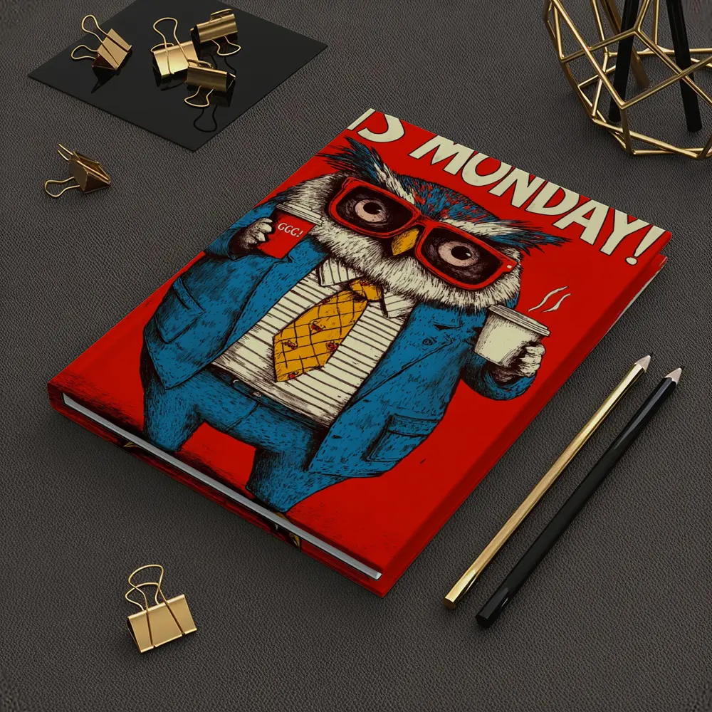 Grumpy Owl Monday Coffee Red Background – Notebooks