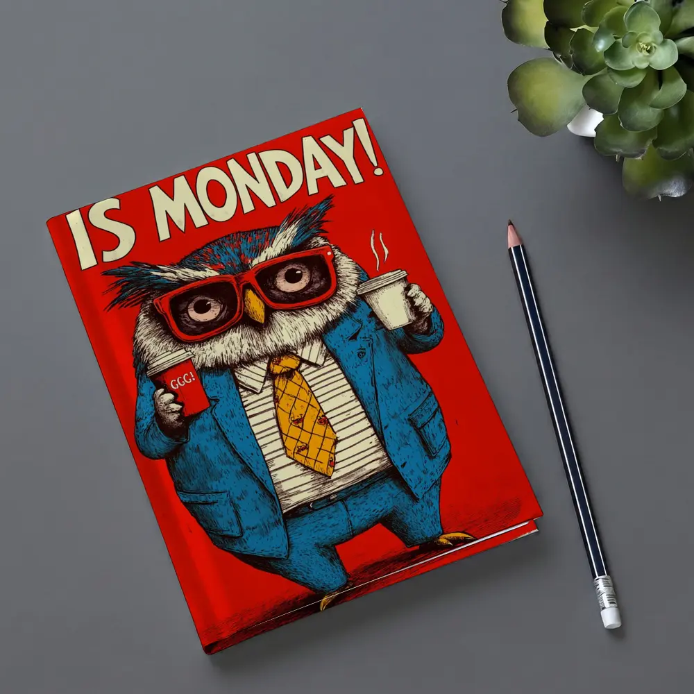 Grumpy Owl Monday Coffee Red Background – Notebooks