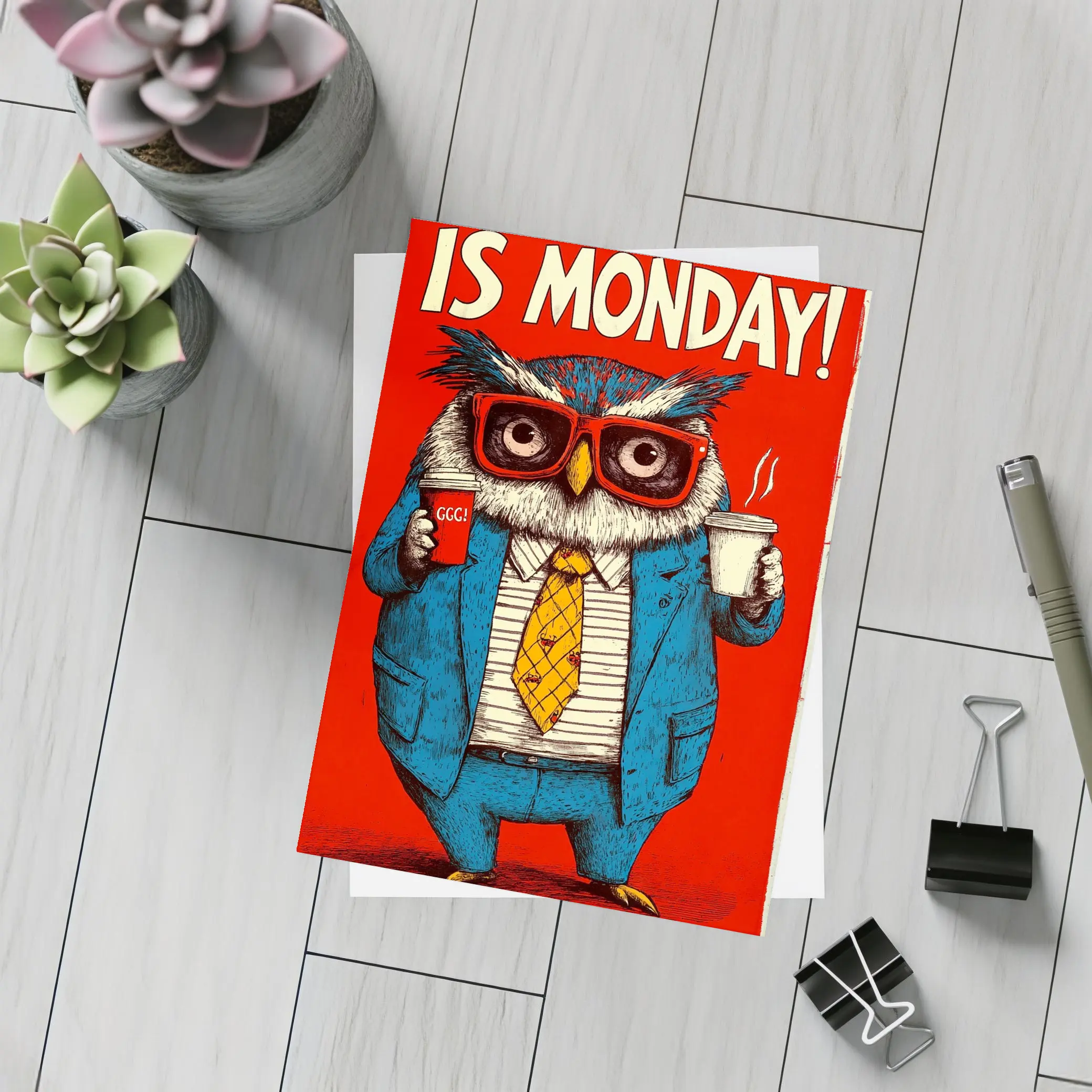 Grumpy Owl Monday Coffee Red Background – Postcards