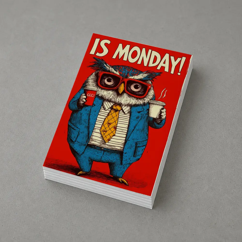 Grumpy Owl Monday Coffee Red Background – Postcards