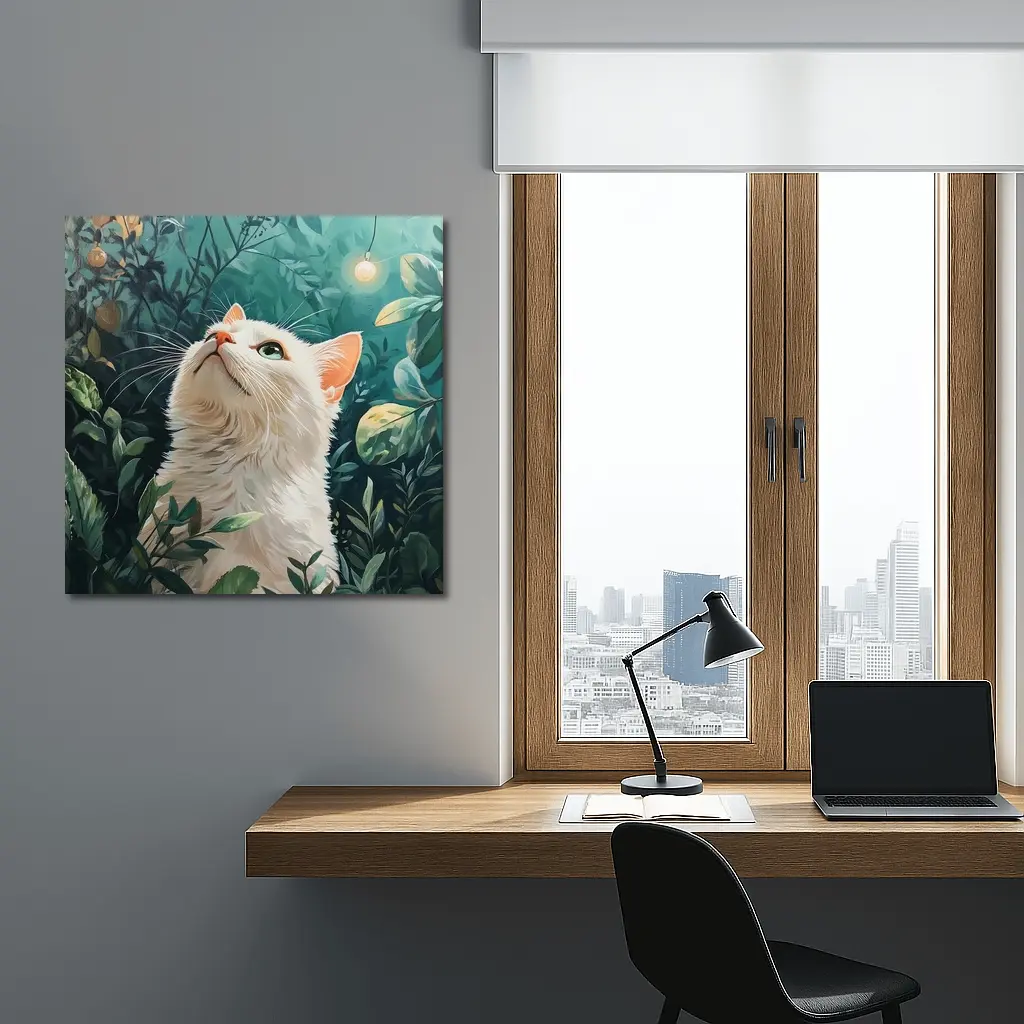 White Cat Looking Up Lush Green Garden – Wall Art