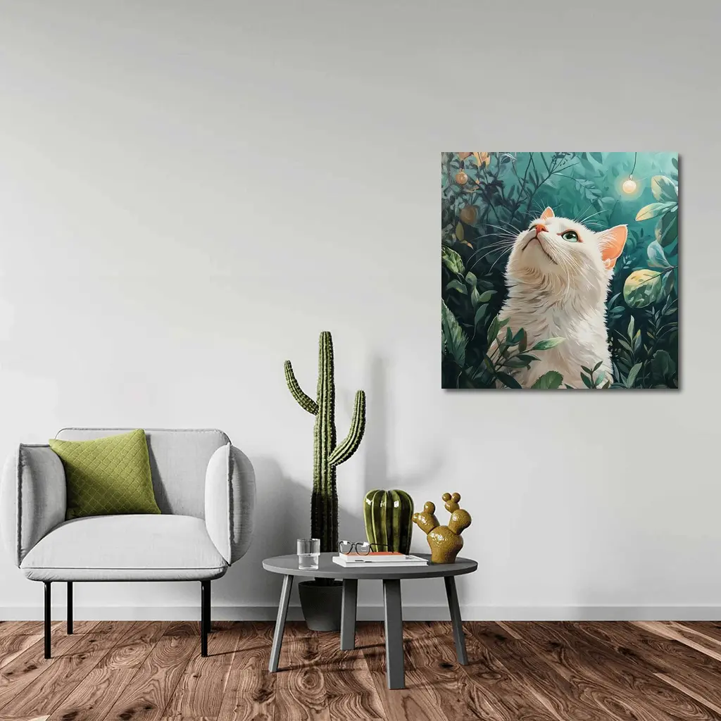White Cat Looking Up Lush Green Garden – Wall Art