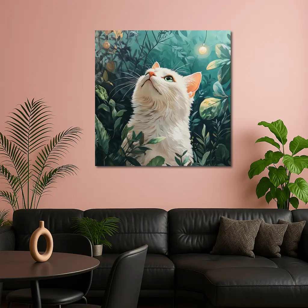 White Cat Looking Up Lush Green Garden – Wall Art