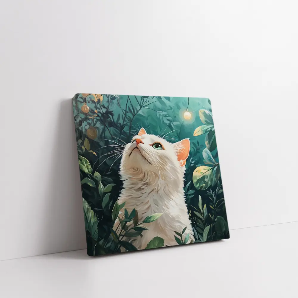 White Cat Looking Up Lush Green Garden – Wall Art