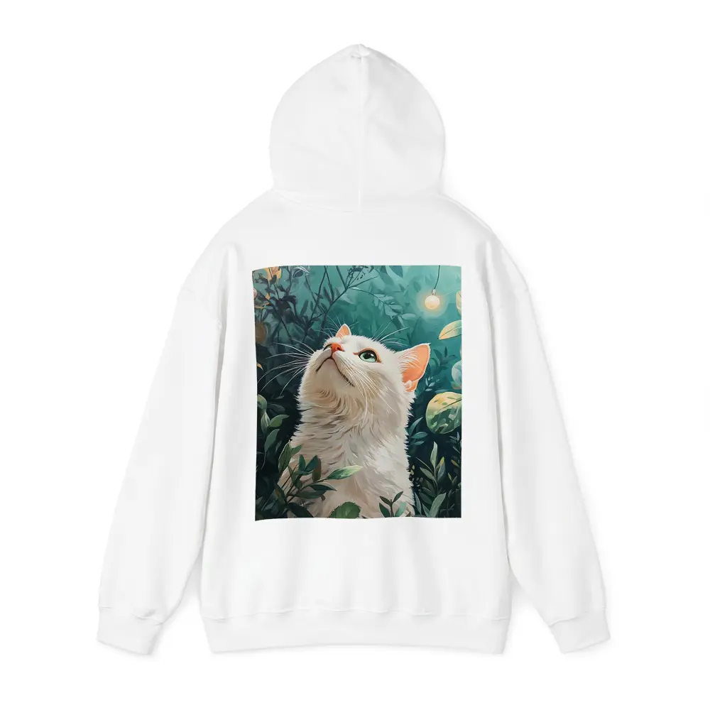 White Cat Looking Up Lush Green Garden – Hoodies