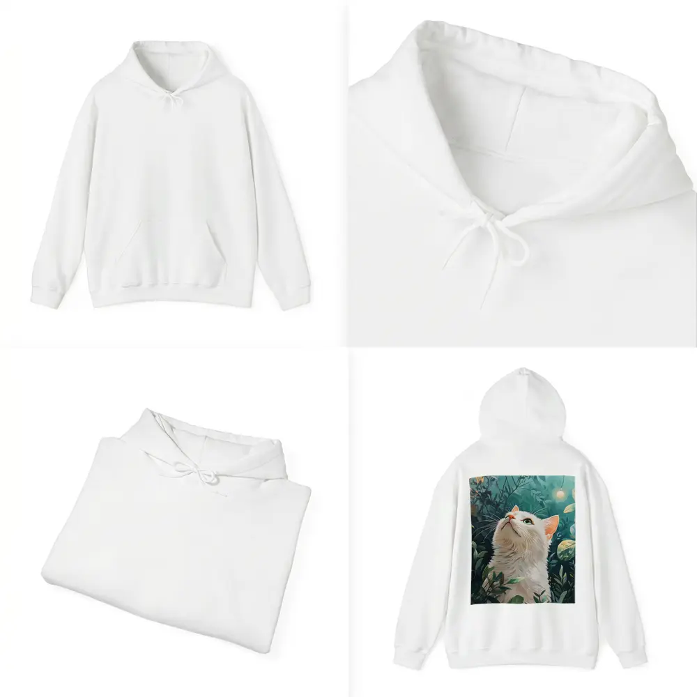 White Cat Looking Up Lush Green Garden – Hoodies