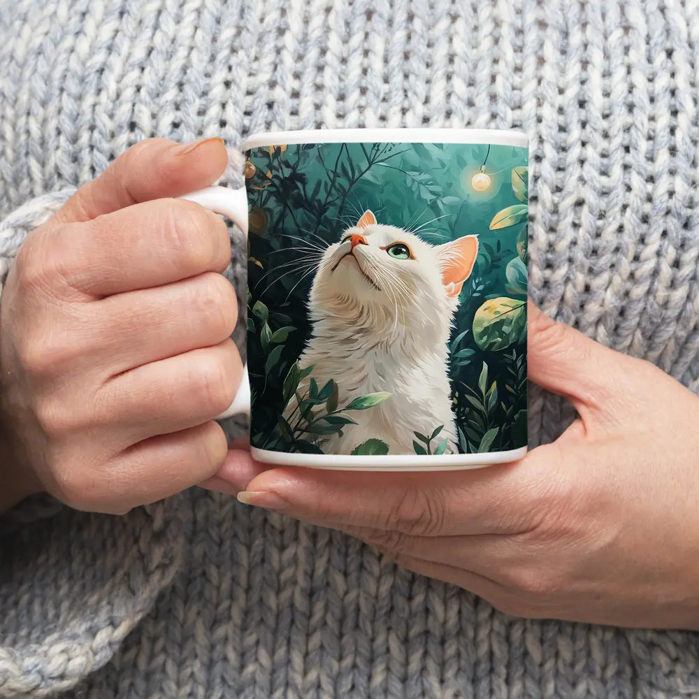 White Cat Looking Up Lush Green Garden – Mugs