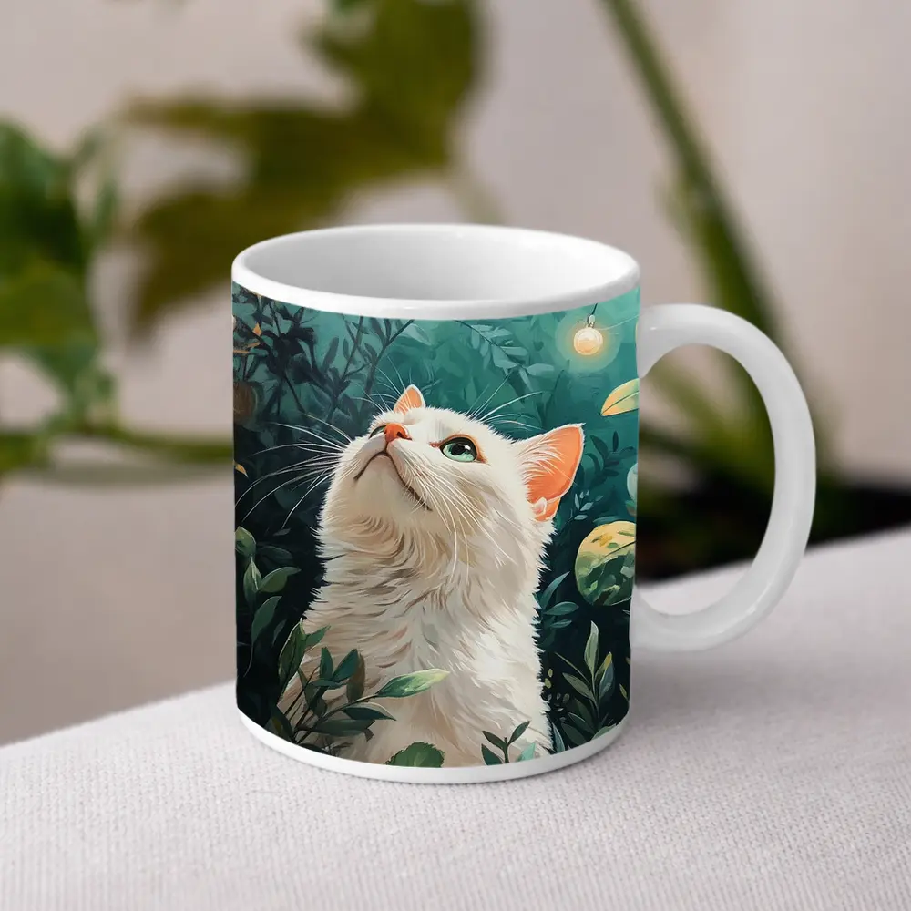 White Cat Looking Up Lush Green Garden – Mugs