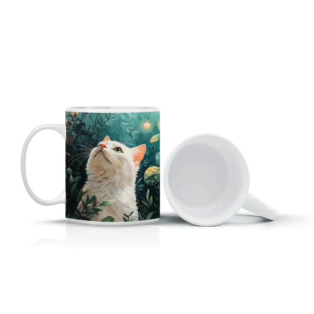 White Cat Looking Up Lush Green Garden – Mugs