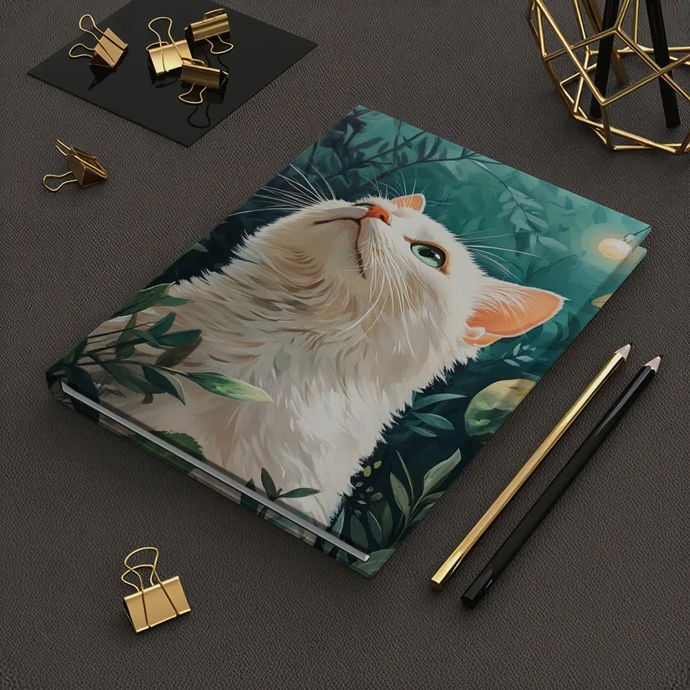 White Cat Looking Up Lush Green Garden – Notebooks