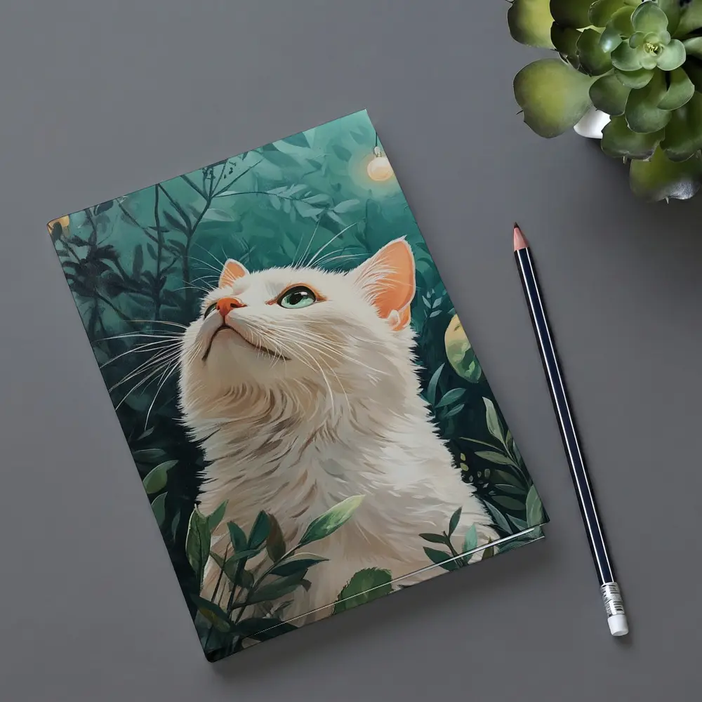 White Cat Looking Up Lush Green Garden – Notebooks