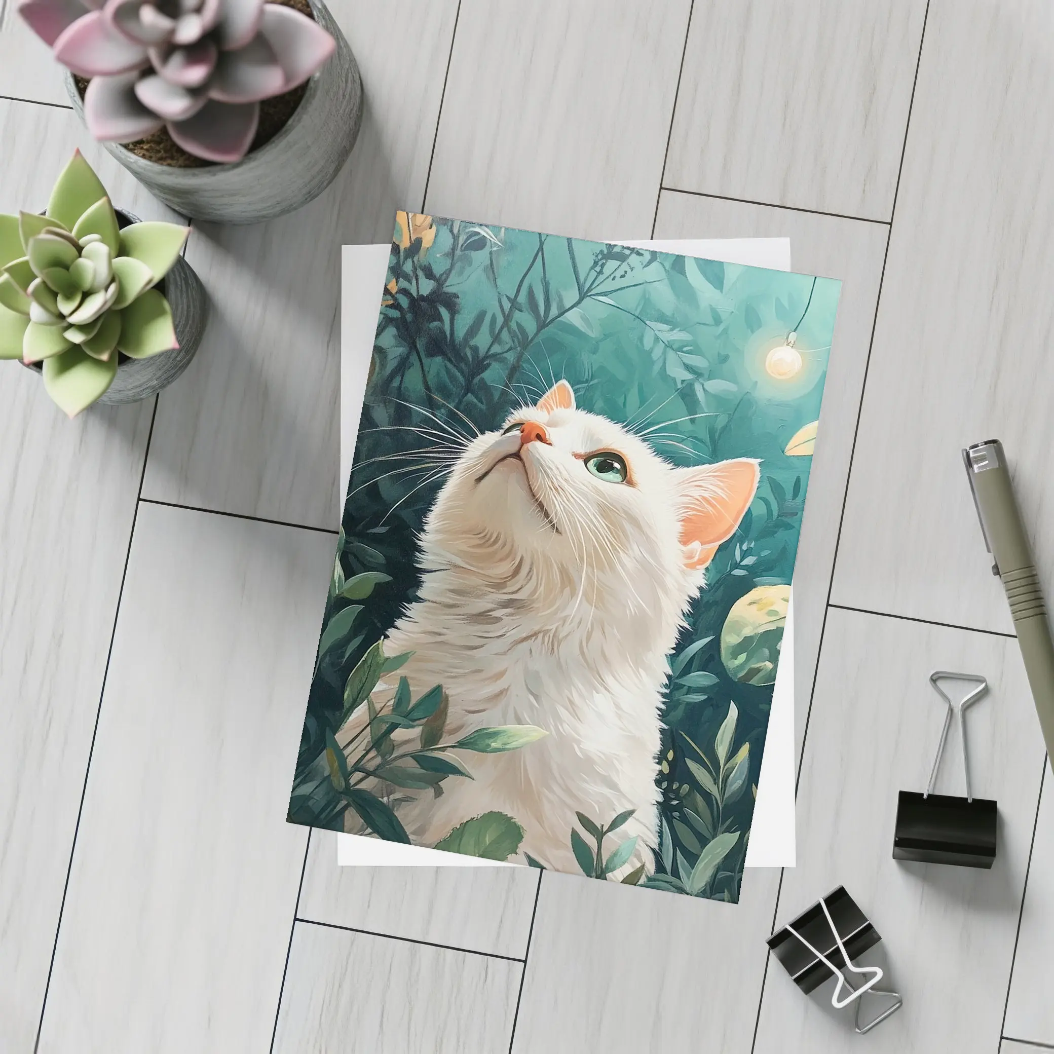 White Cat Looking Up Lush Green Garden – Postcards