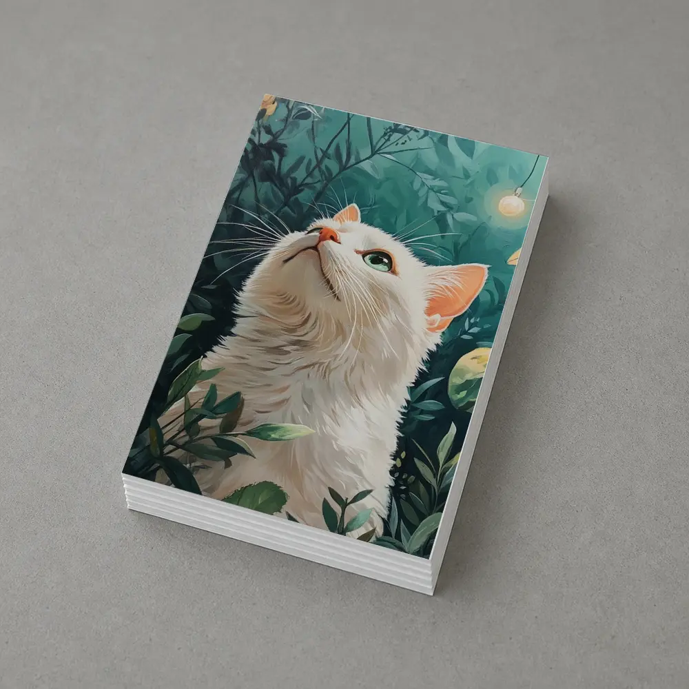 White Cat Looking Up Lush Green Garden – Postcards