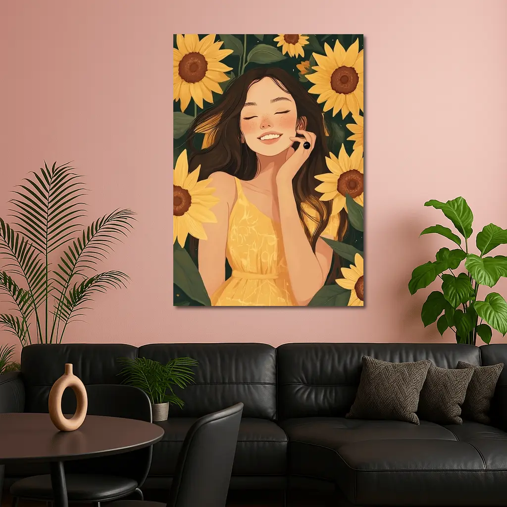 Smiling Girl Among Yellow Sunflowers Illustration – Wall Art