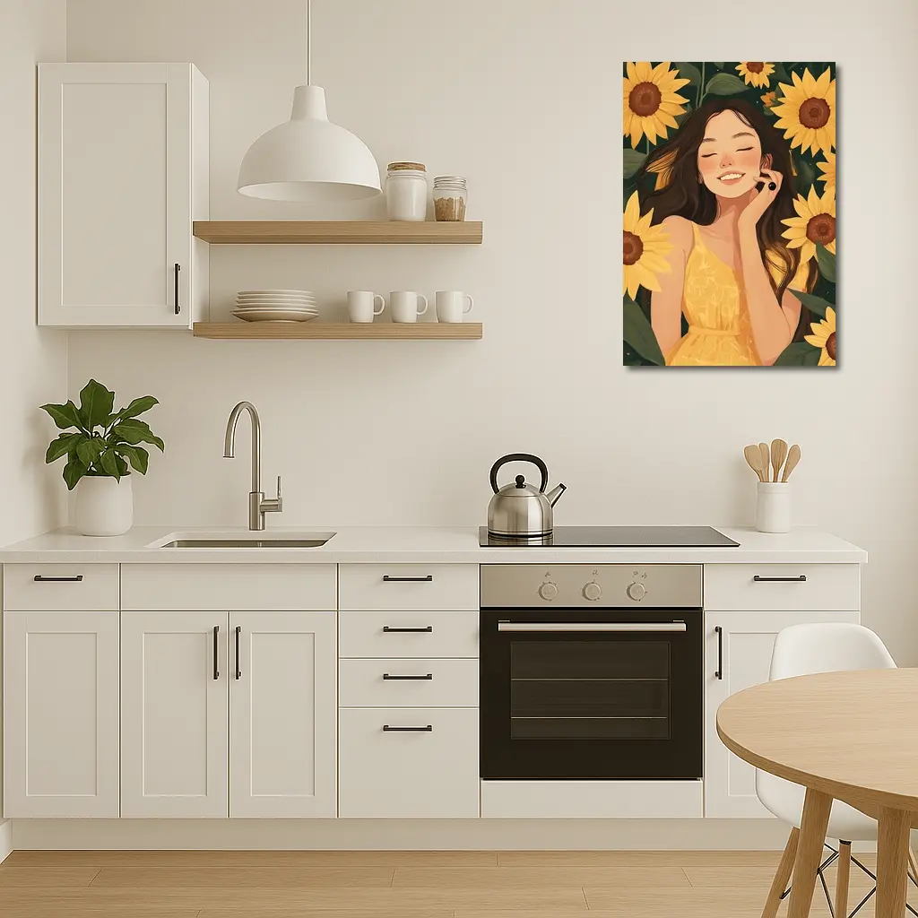 Smiling Girl Among Yellow Sunflowers Illustration – Wall Art