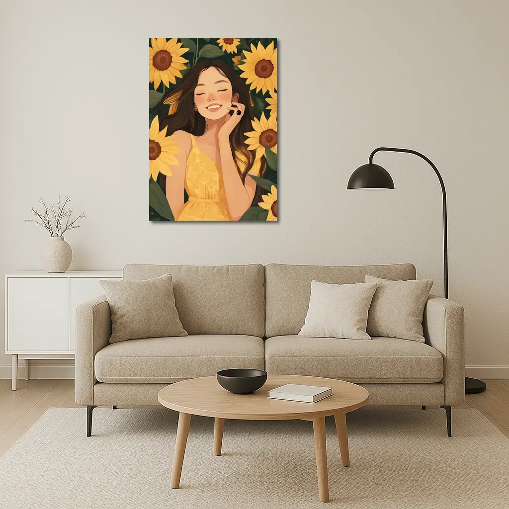 Smiling Girl Among Yellow Sunflowers Illustration – Wall Art