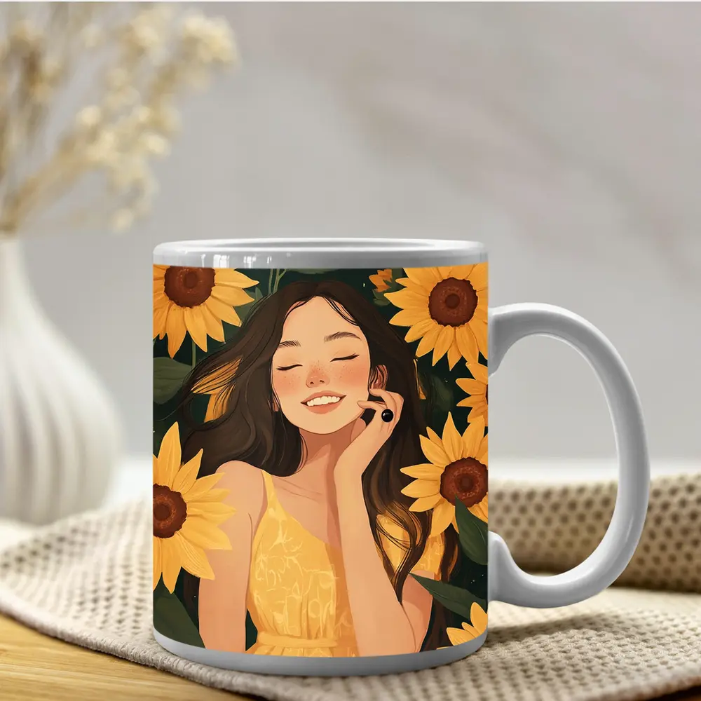Smiling Girl Among Yellow Sunflowers Illustration – Mugs