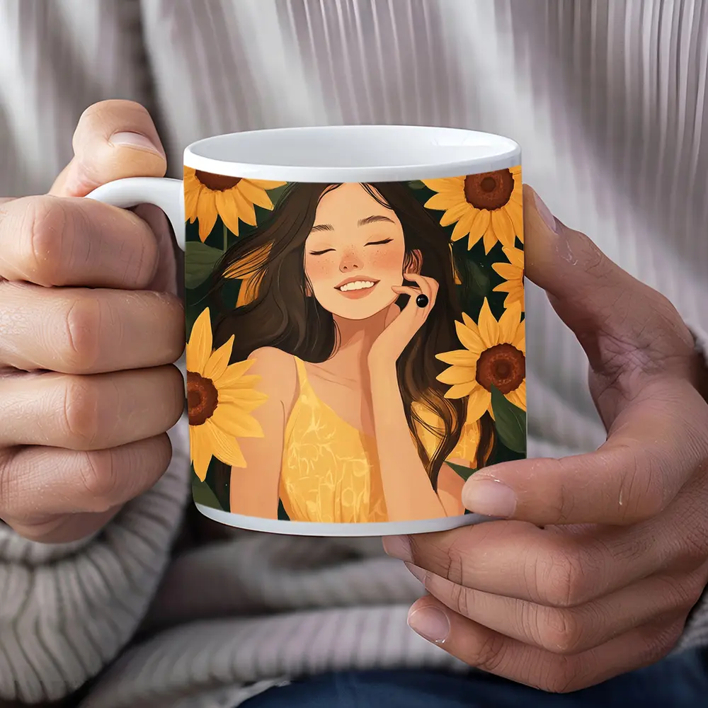 Smiling Girl Among Yellow Sunflowers Illustration – Mugs