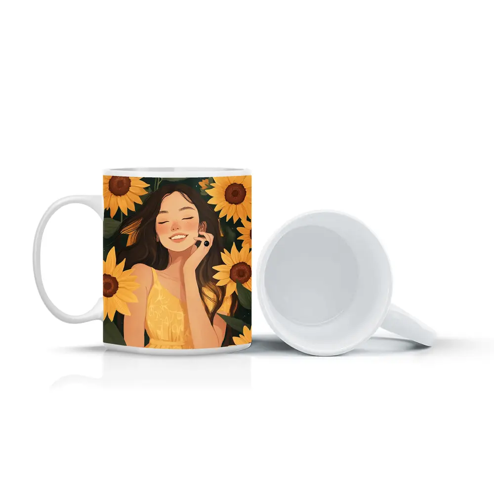 Smiling Girl Among Yellow Sunflowers Illustration – Mugs