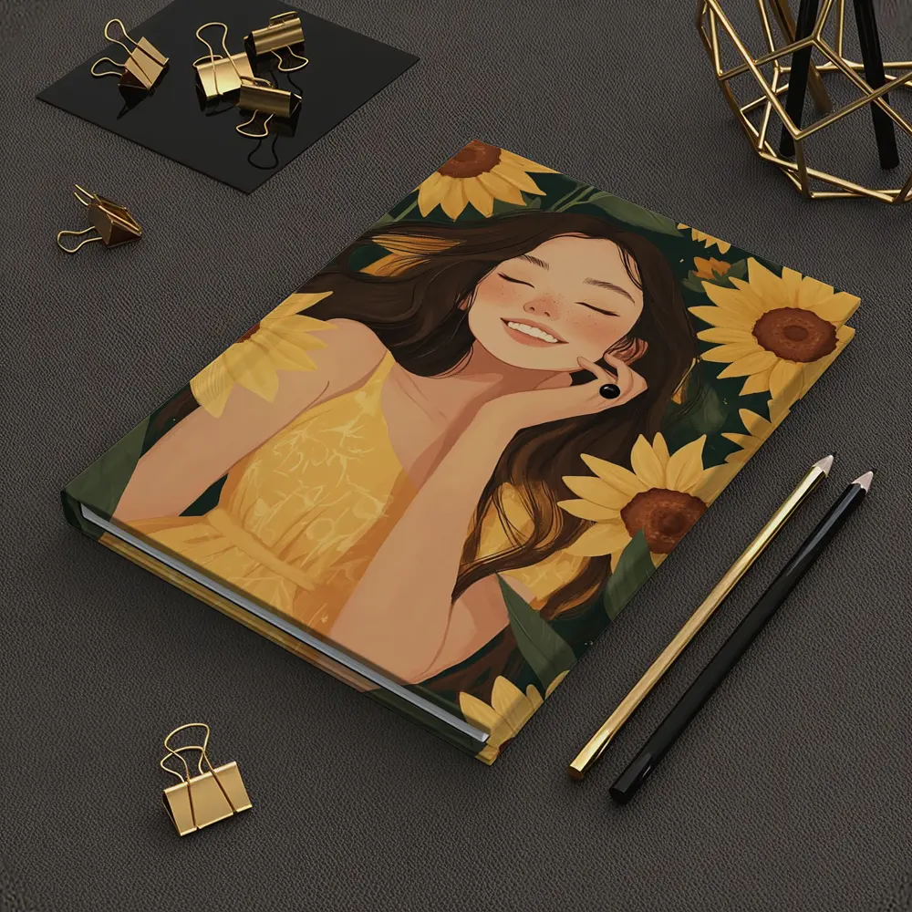 Smiling Girl Among Yellow Sunflowers Illustration – Notebooks