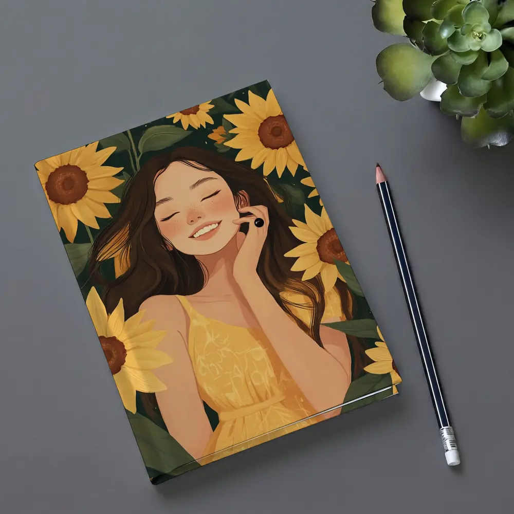 Smiling Girl Among Yellow Sunflowers Illustration – Notebooks