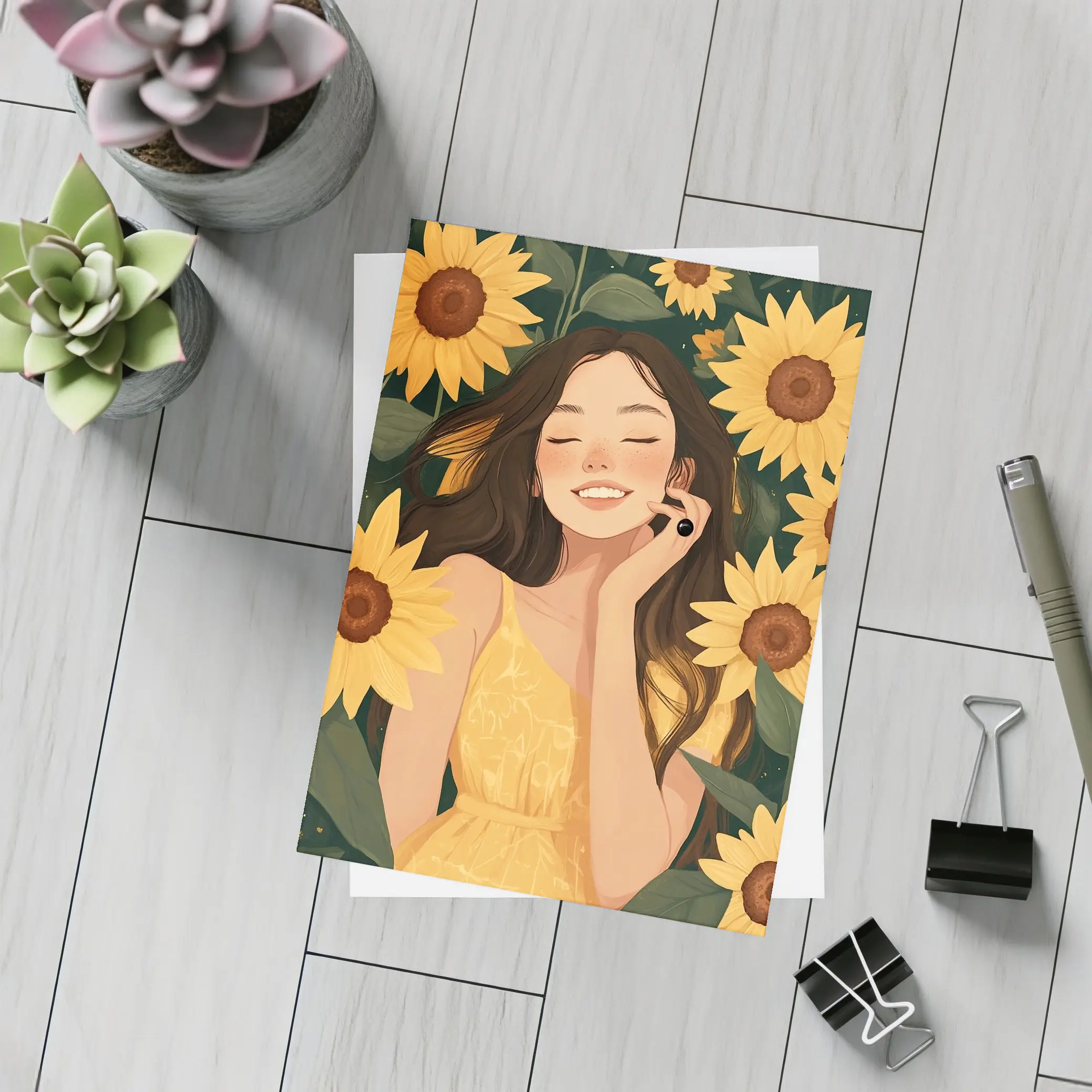 Smiling Girl Among Yellow Sunflowers Illustration – Postcards
