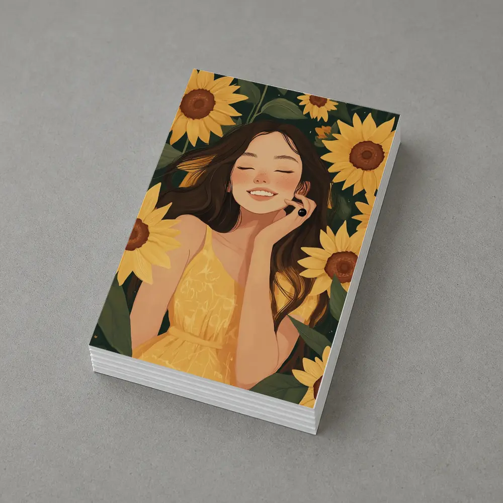Smiling Girl Among Yellow Sunflowers Illustration – Postcards