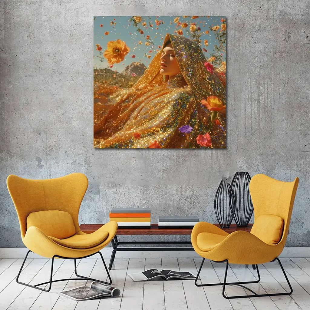 Golden Glitter Woman Surrounded By Flowers – Wall Art