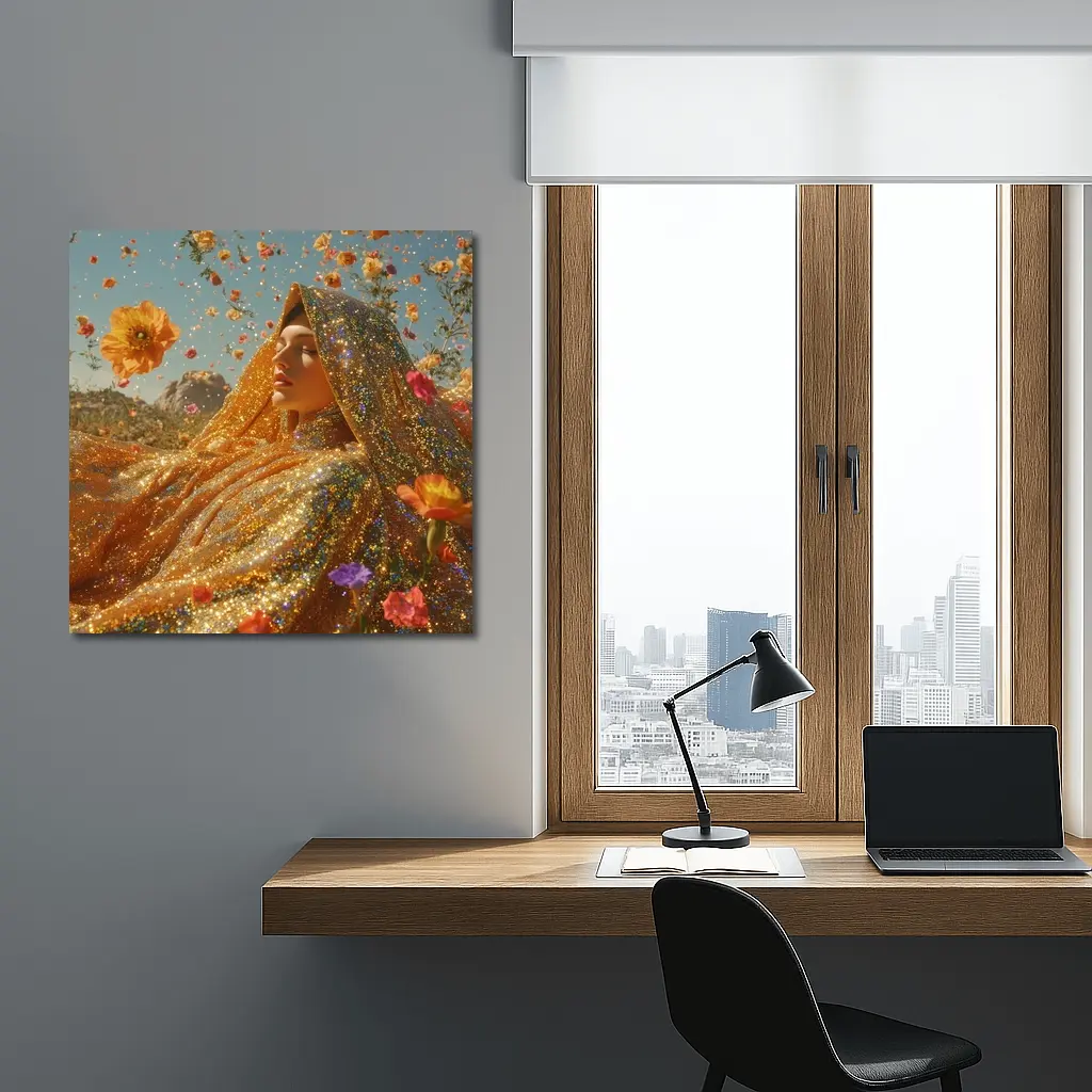 Golden Glitter Woman Surrounded By Flowers – Wall Art