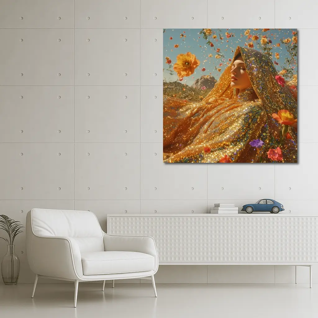 Golden Glitter Woman Surrounded By Flowers – Wall Art