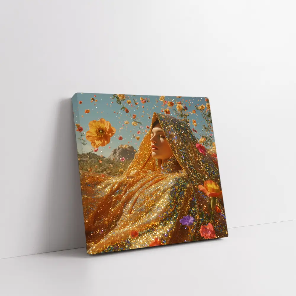 Golden Glitter Woman Surrounded By Flowers – Wall Art