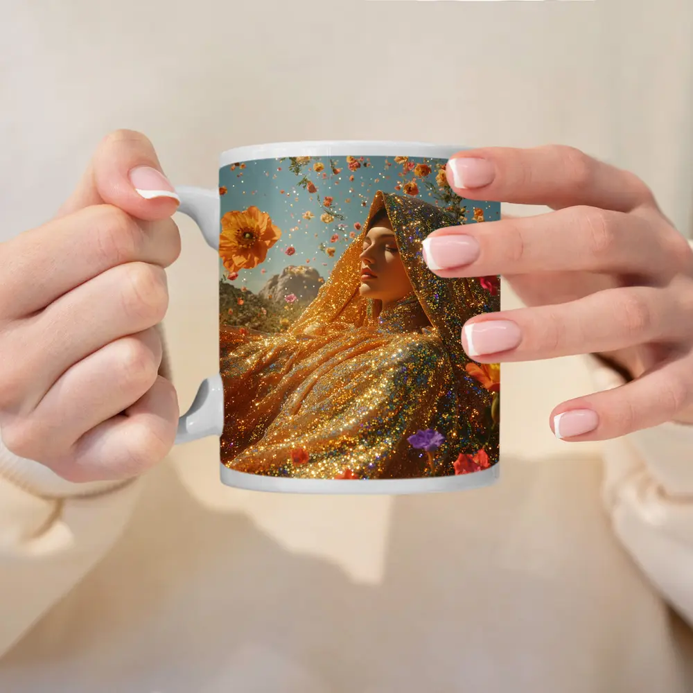 Golden Glitter Woman Surrounded By Flowers – Mugs