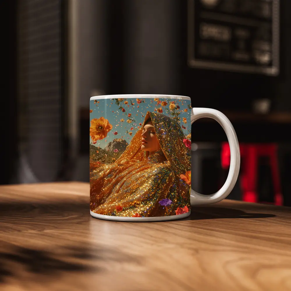 Golden Glitter Woman Surrounded By Flowers – Mugs