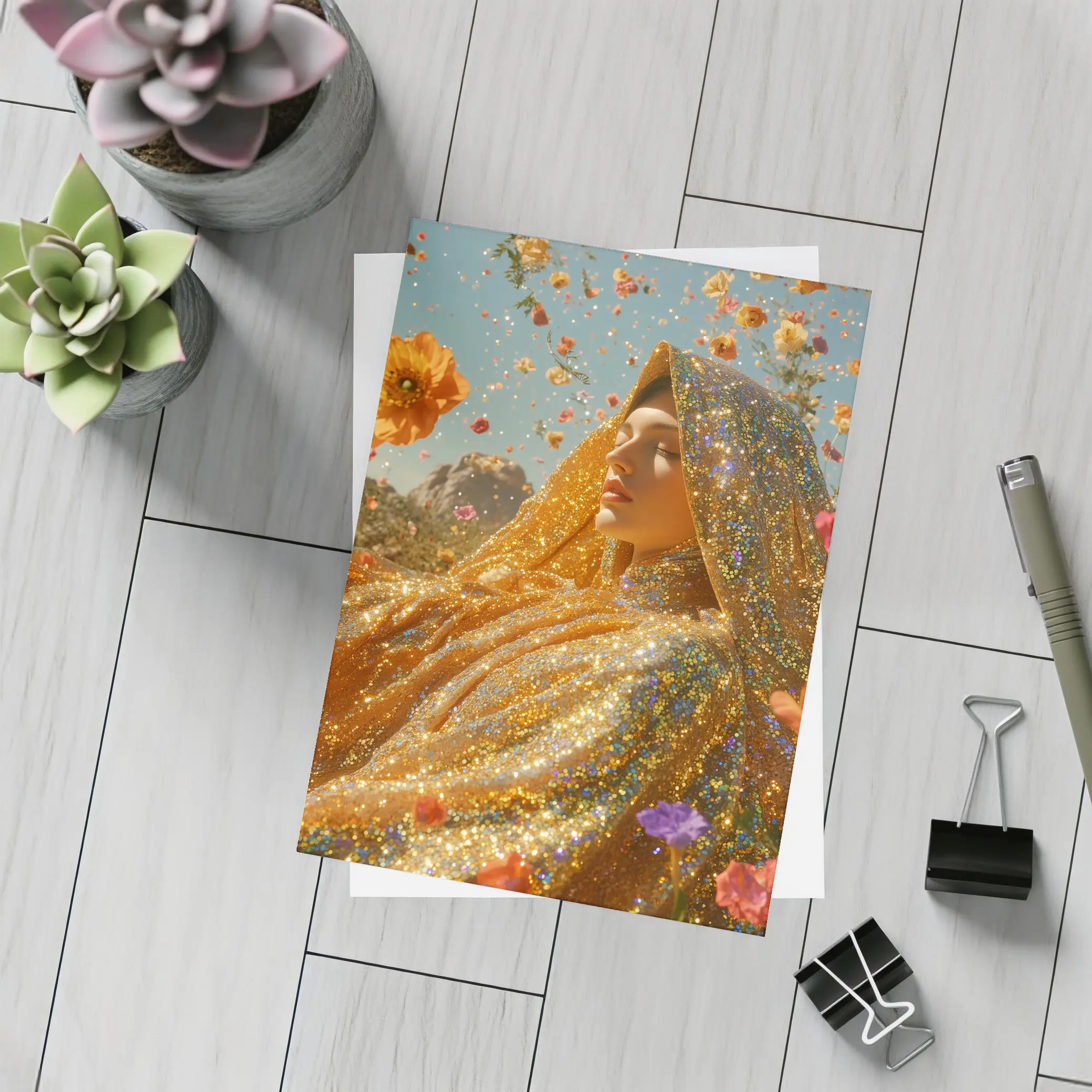 Golden Glitter Woman Surrounded By Flowers – Postcards