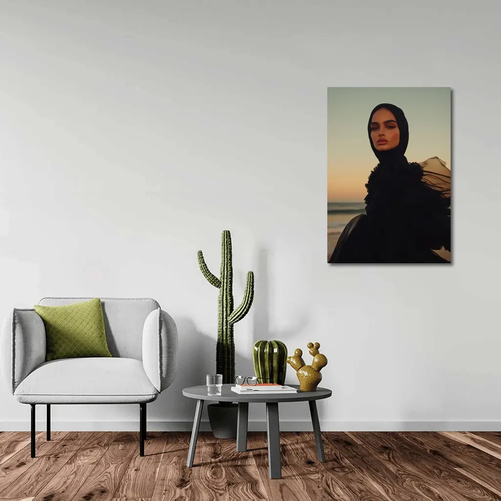 Woman in Black Hijab Sunset Beach – Wall Art