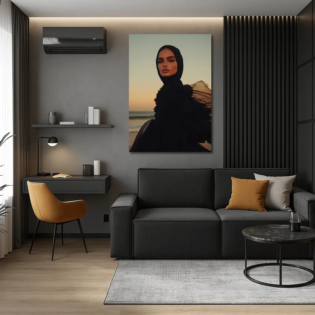 Woman in Black Hijab Sunset Beach – Wall Art