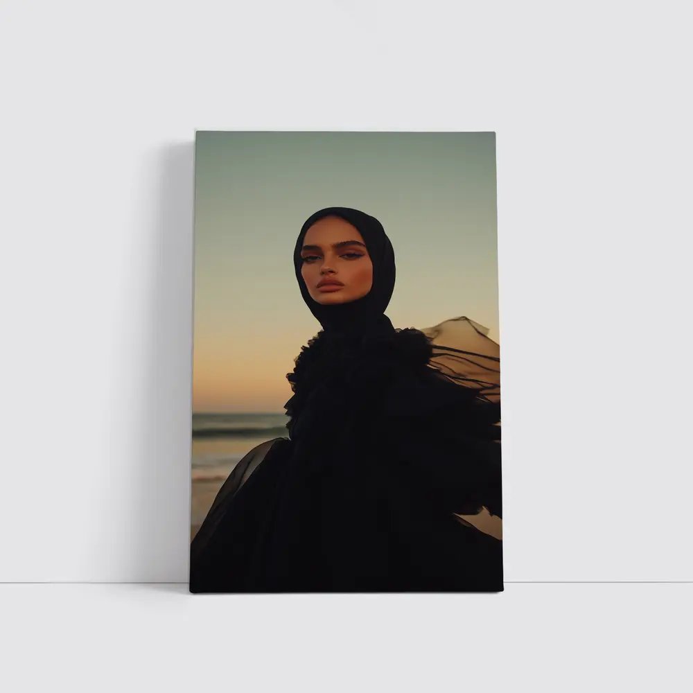 Woman in Black Hijab Sunset Beach – Wall Art