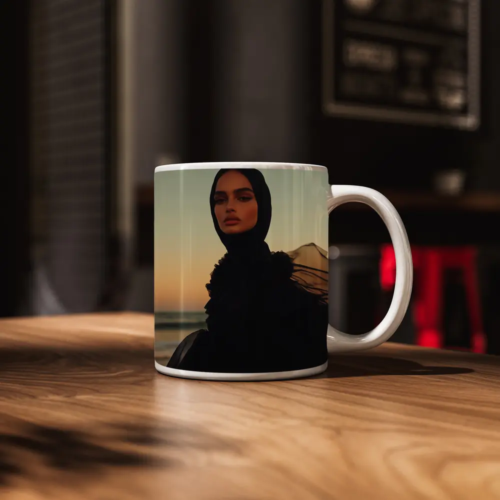 Woman in Black Hijab Sunset Beach – Mugs