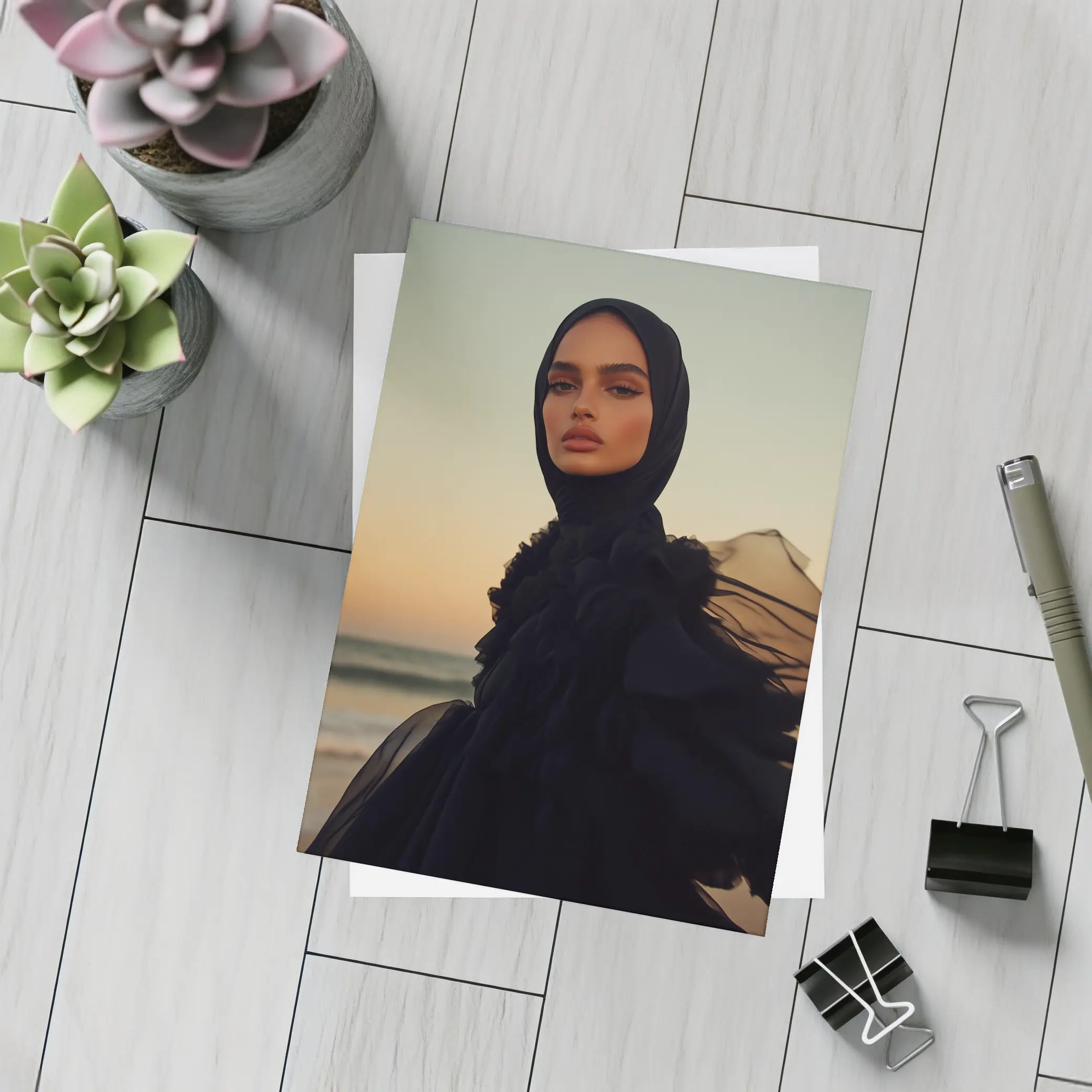 Woman in Black Hijab Sunset Beach – Postcards