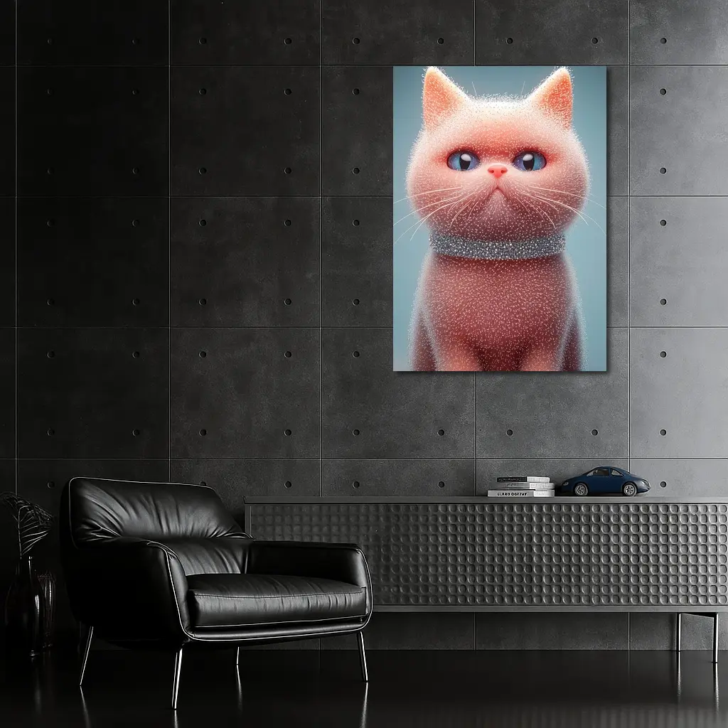 Fluffy Pink Kitten Sparkling Glitter Blue Background – Wall Art