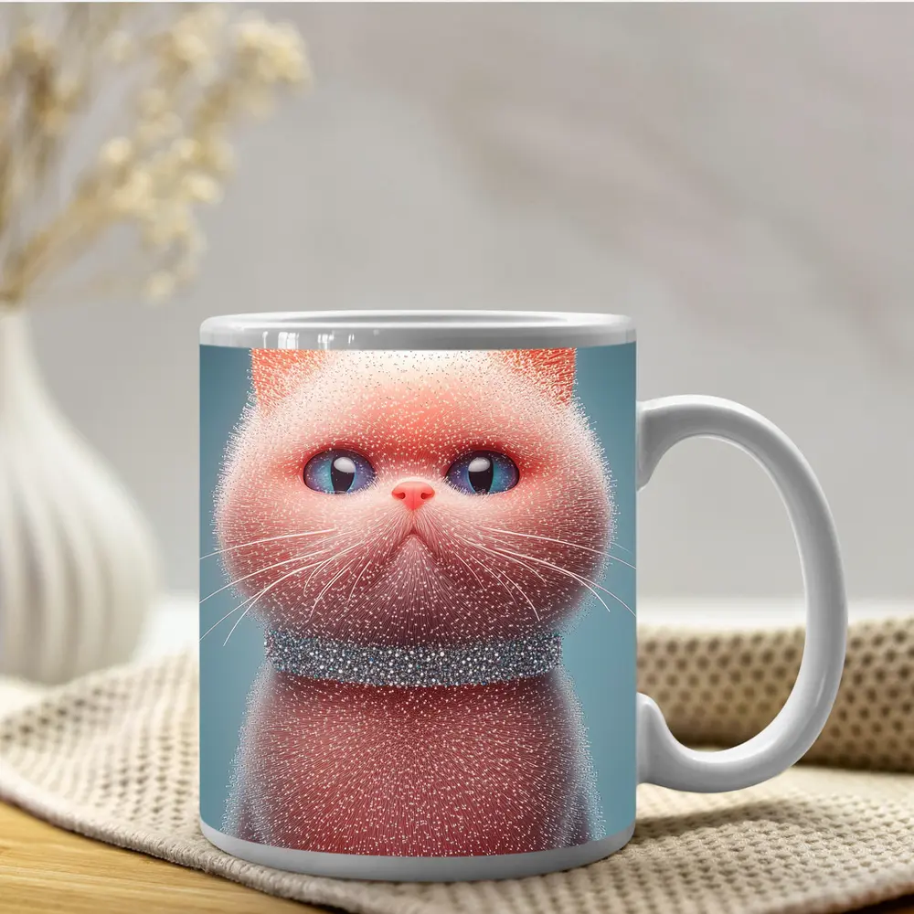 Fluffy Pink Kitten Sparkling Glitter Blue Background – Mugs