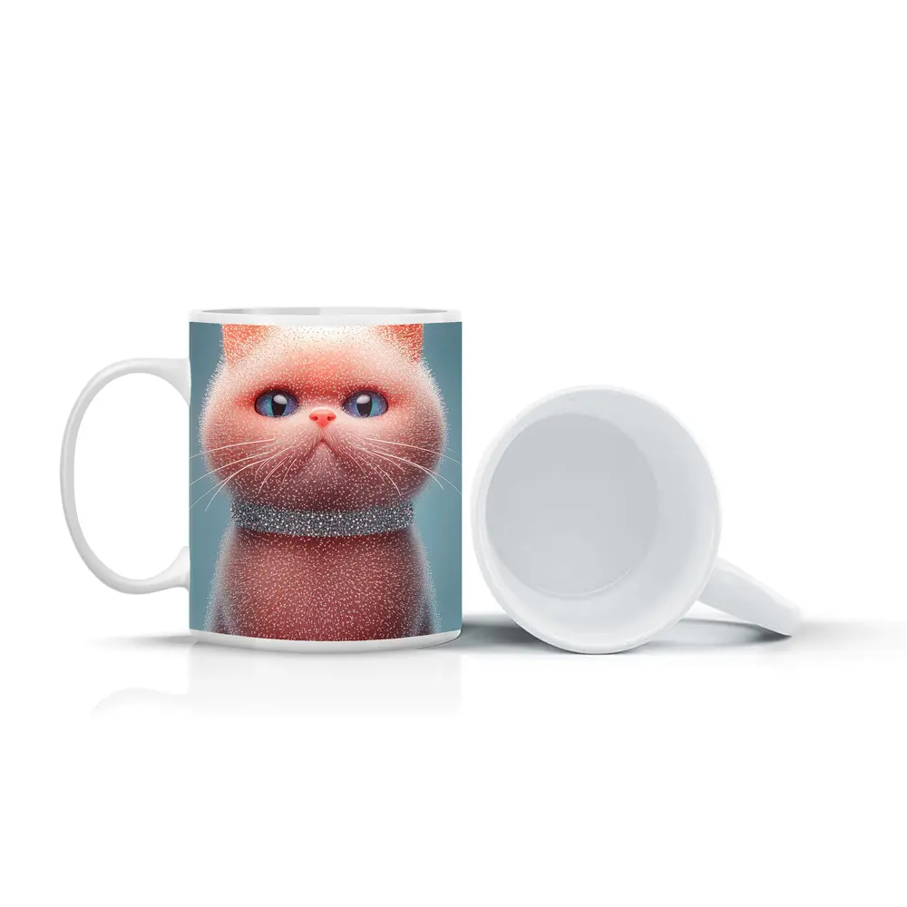 Fluffy Pink Kitten Sparkling Glitter Blue Background – Mugs